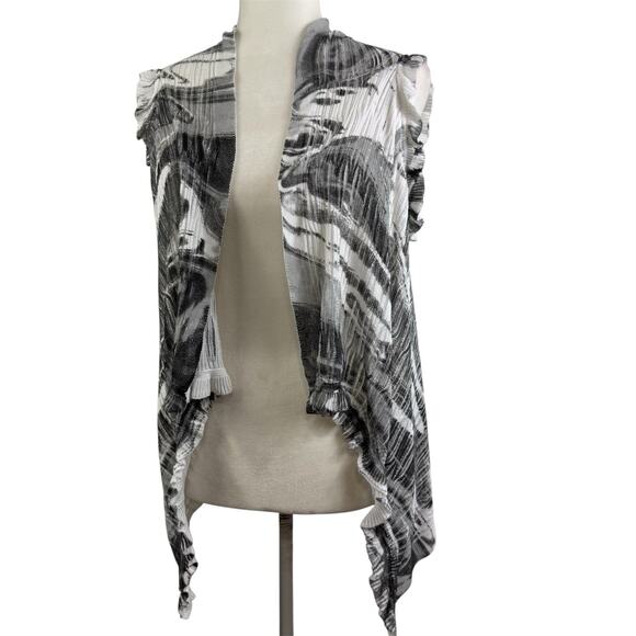 Alberto Makali Black White Sweater Open Front Vest Small Ruffle Knit Lightweight - Picture 13 of 13